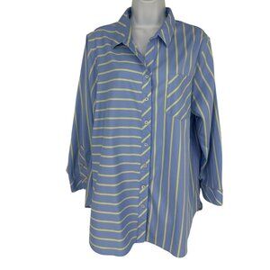Chico's Blue & Yellow Striped Button-Down Shirt With Chest Pocket Size 3P US 16P
